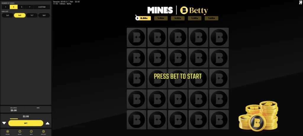 Betty Mines grid of covered tiles reading press bet to start.