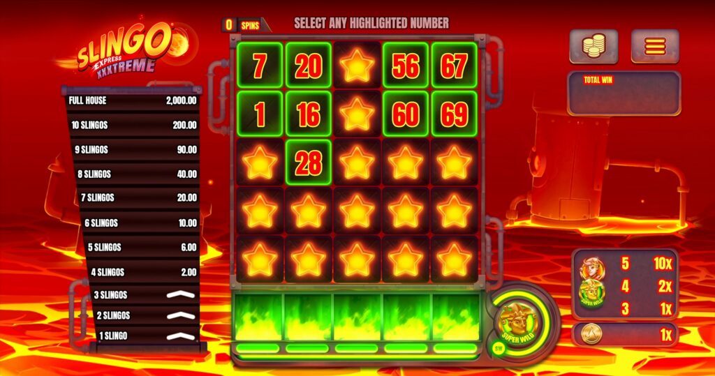Slingo XXXtreme Express grid on a fiery lava background, with a glowing green wild bar along the bottom and a Super Wild multiplier ladder.