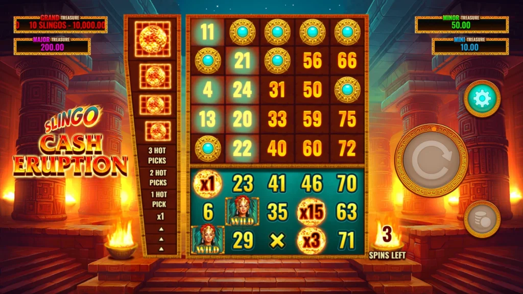 Slingo Cash Eruption reels set inside an Aztec temple, with a Hot Picks ladder, wild symbols and three spins remaining.Fireballs light the temple.