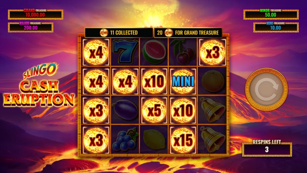 The Cash Eruption hold-and-win bonus round in the real money casino slot game Slingo Cash Eruption.