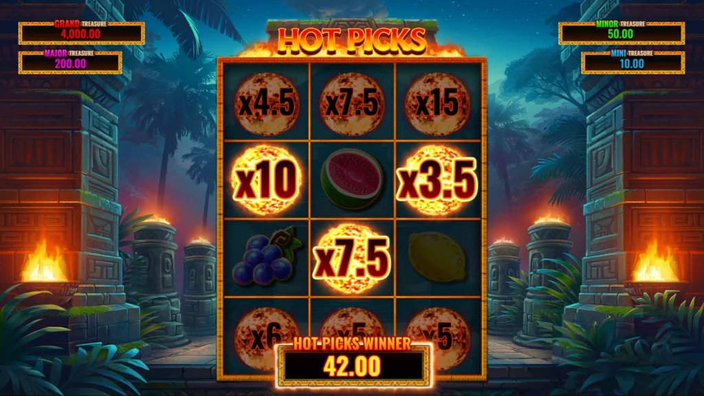 The Hot Picks bonus round in the real money casino slot game Slingo Cash Eruption.