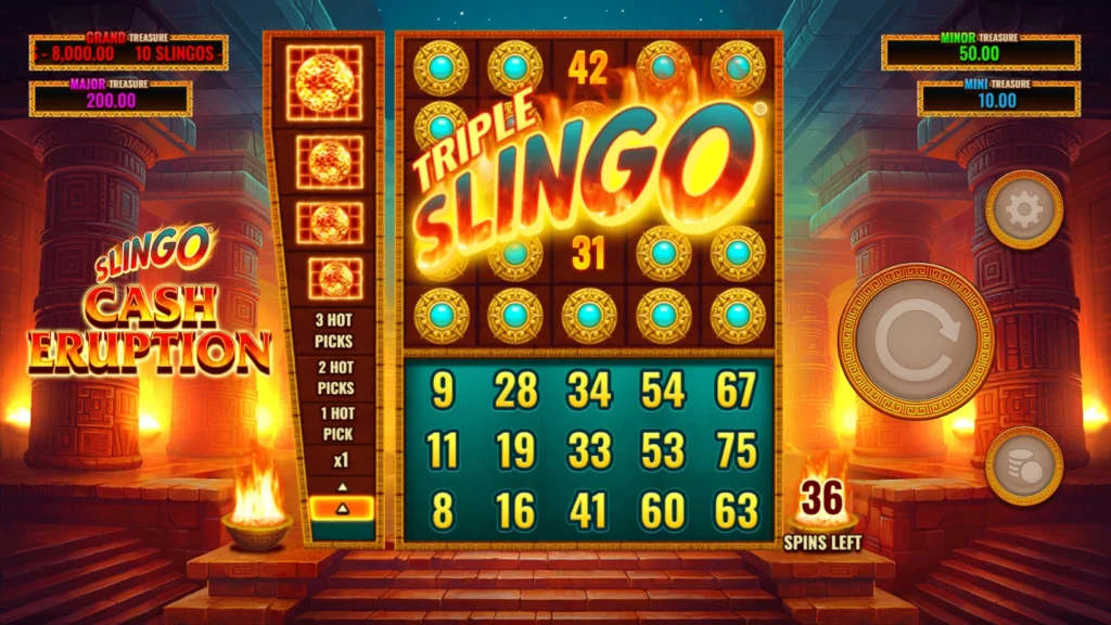A screenshot of a triple Slingo in Slingo Cash Eruption.