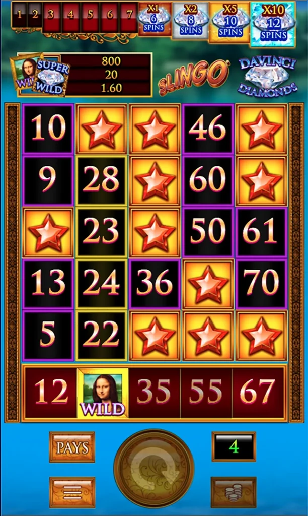 Slingo Da Vinci Diamonds grid with a Mona Lisa wild symbol, a Super Wild and a spins multiplier ladder running up to 10x.