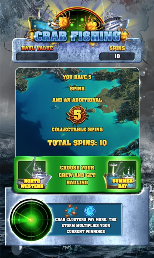 Slingo Deadliest Catch bonus screen with fishing boats, a green radar sweep and a note that crab clusters and storms boost winnings over the Bering Sea.