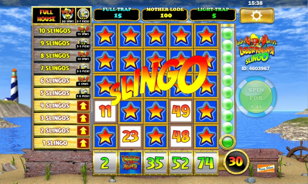 Slingo Lucky Larry’s Lobstermania board with a seaside lighthouse backdrop, star-filled reels and Full Trap, Mother Lode and Light Trap jackpots.