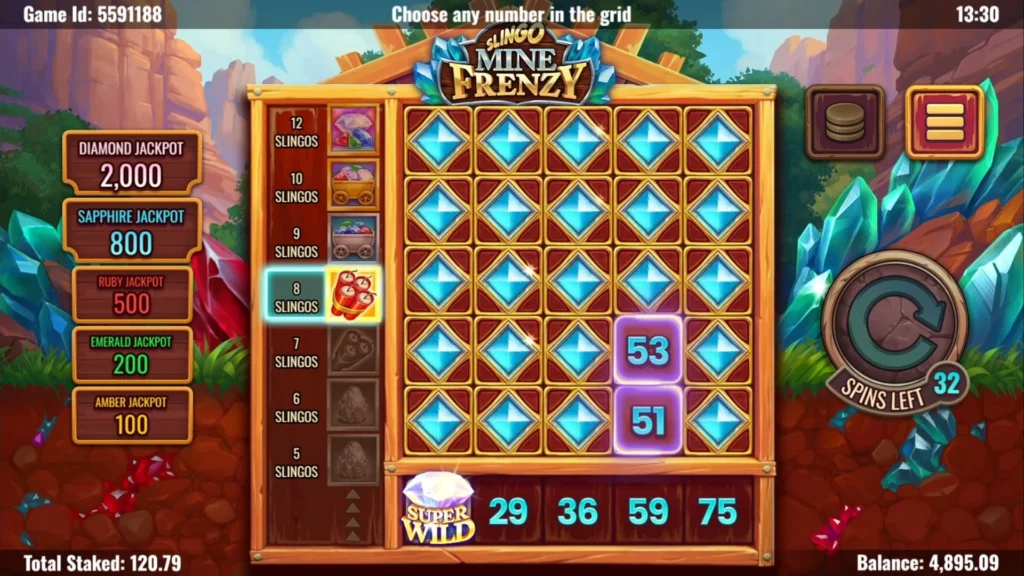 The Slingo Mine Frenzy game screen with most of the numbers daubed except two, and a super wild just landed.