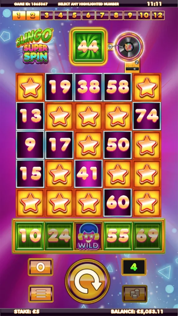 Slingo Super Spin reels on a purple disco-lit background, showing a wild symbol, the golden spin button and a sixth number beside the grid.