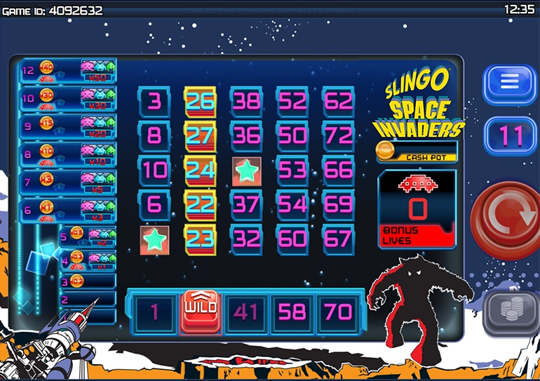 The base game screen of Slingo Space Invaders.