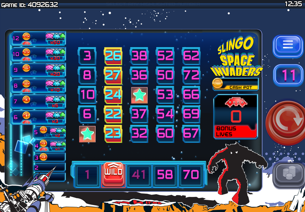 The base game screen of Slingo Space Invaders with a landed wild. 