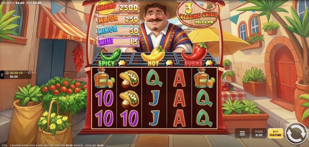 3 Blazing Chilis: Hold & Win slot screen: a sunlit market stall with Spicy, Hot and Burns chilis above the reels.