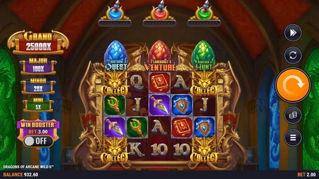 Dragons of Arcane Wild II slot screen: reels in a stone hall flanked by gold dragon collect symbols, with three coloured egg bonuses above.