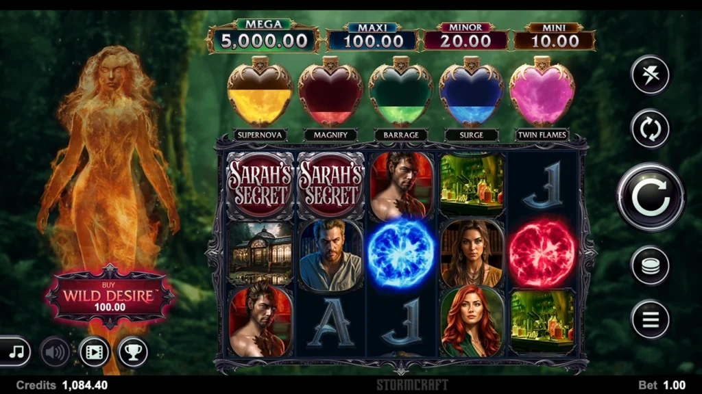 Immortal Romance: Sarah's Secret base game, with elemental Sarah beside the reels and five coloured modifier vials above them.