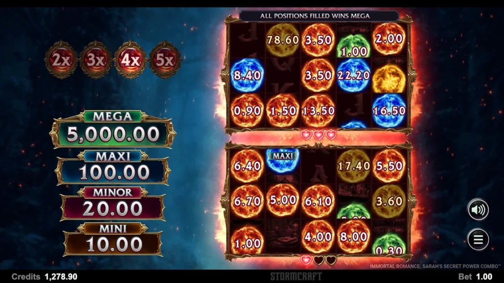 Twin Flames Link&Win round in Immortal Romance: Sarah's Secret, with two grids of cash orbs, a 2x to 5x multiplier and the Mini to Mega jackpot ladder.