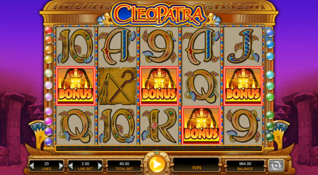 Cleopatra reels. Card royals and hieroglyphs, with sphinx bonus symbols scattered across the reels.