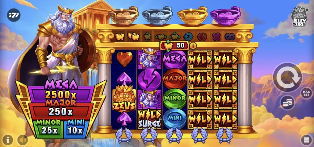 Alpha Gods Zeus 2 Wild Surge slot screen: Zeus beside golden temple reels with lightning wild symbols and a four-tier jackpot ladder.