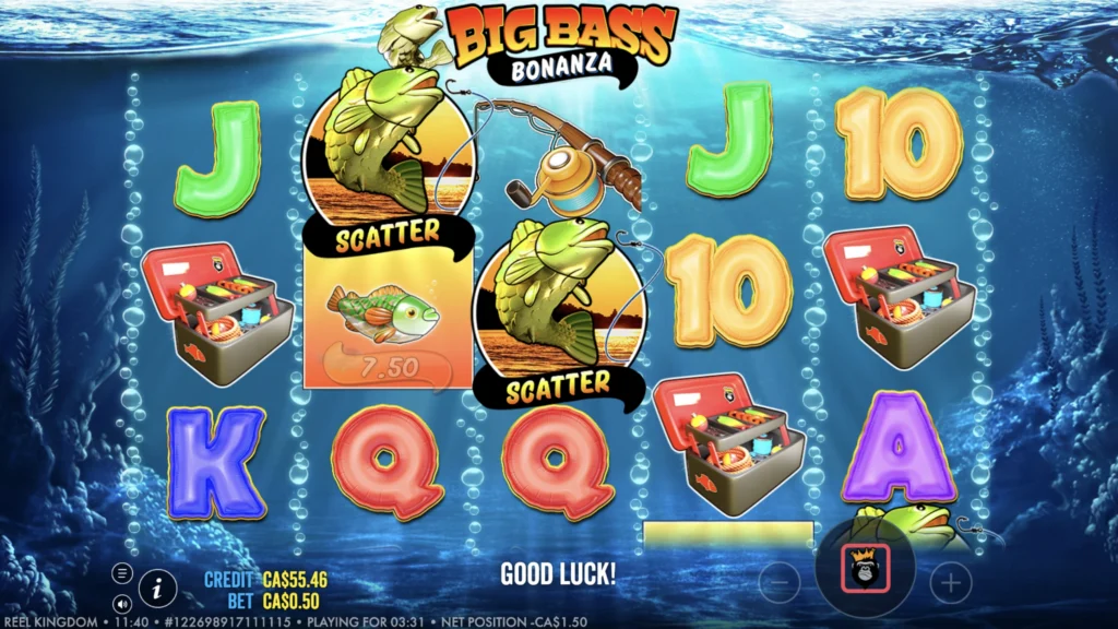 Big Bass Bonanza reels. Card royals, tackle boxes, a fisherman and two scatter symbols.