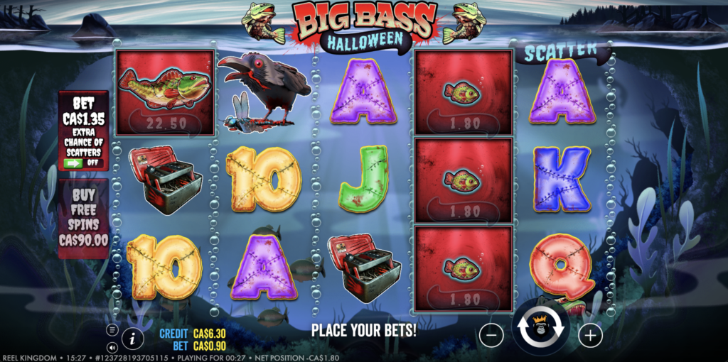 Big Bass Halloween slot base game showing 5x3 reels of stitched zombie royals, a crow, tackle boxes and fish with cash values, set in a murky grey lake.