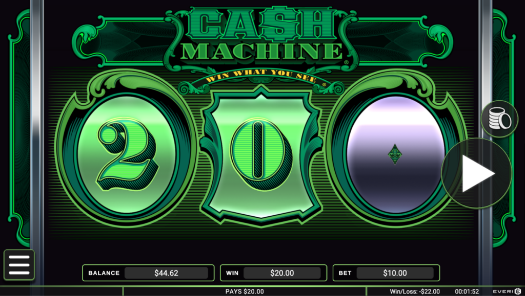 Cash Machine. Three round reels show large digits above a $20 win.