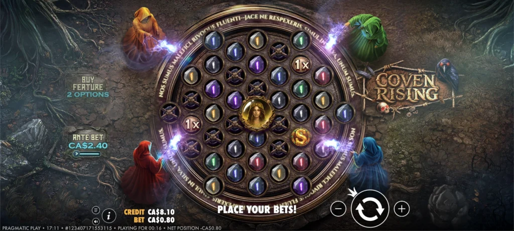 Coven Rising. Four hooded witches surround a circular grid of coloured gem symbols, with a witch portrait in the centre square.