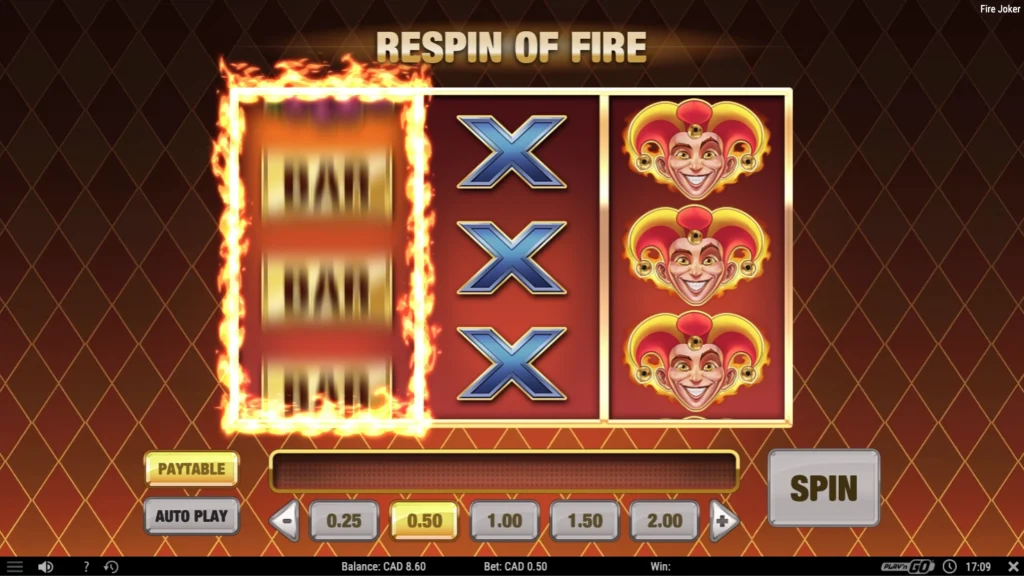 Fire Joker. A 3x3 grid with the first reel spinning in flames, three blue X symbols on the middle reel and three jokers on the last.