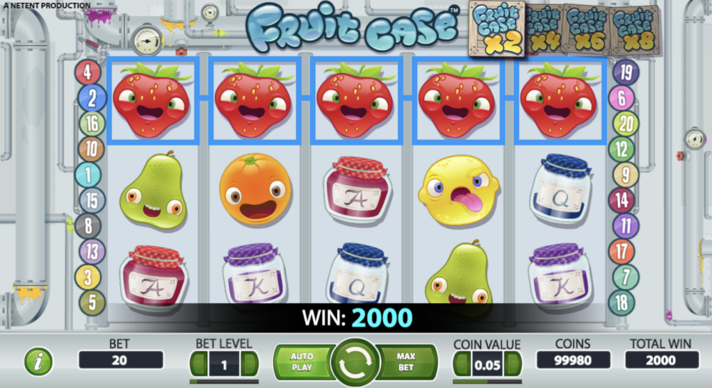 Fruit Case reels with five matching strawberries on a winning line.