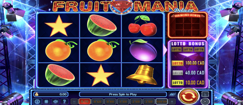 Fruit Mania Deluxe 3x3 fruit reels with Diamond Bonus and Lotto Bonus panels.