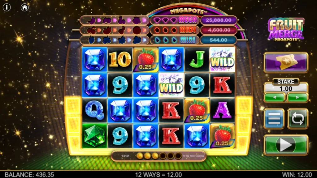 Fruit Merge Megapots reels with Mega, Midi and Mini jackpot meters above the grid.