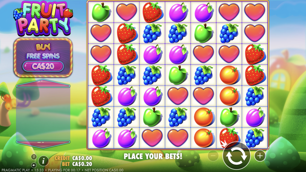 Fruit Party slot grid with random multiplier symbols in play