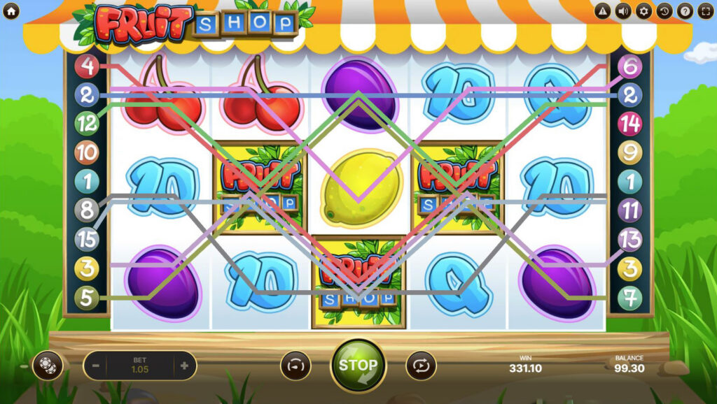 Fruit Shop slot reels showing cherries, lemons and plums.