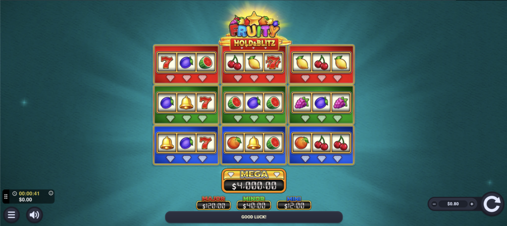 Fruity Hold and Blitz slot showing locked cash symbols during a respin
