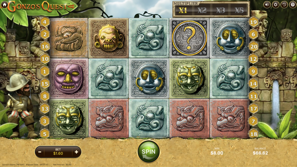 Gonzo's Quest. Carved stone blocks fill the grid, with the x1 to x5 multiplier bar above.