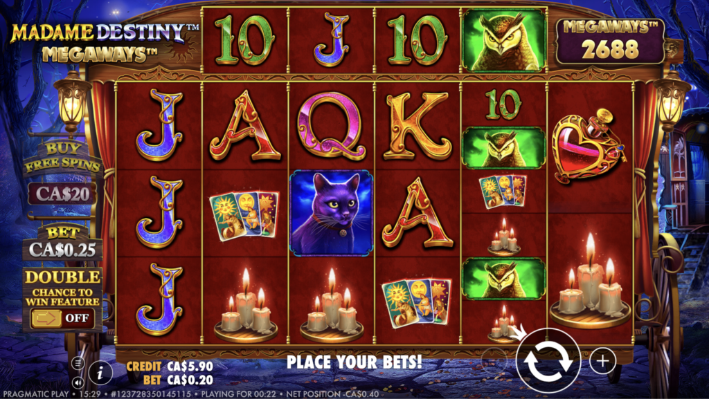 Madame Destiny Megaways slot base game showing six reels of royals, owls, a black cat, tarot cards and candles inside a fortune teller’s wagon, with the Megaways counter showing 2,688 ways.