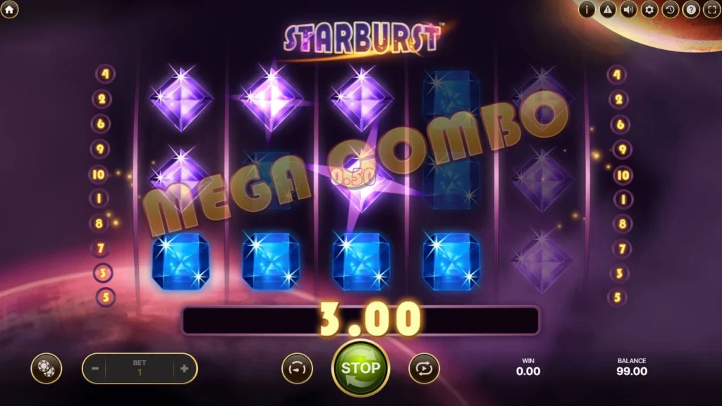 The base game screen of the real money casino slot game Starburst, in the middle of a spin.