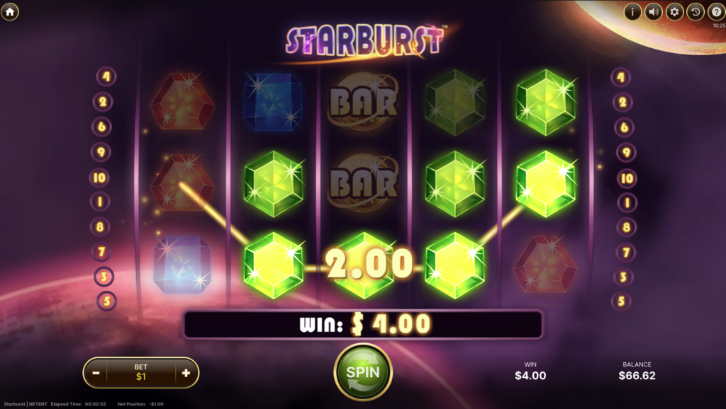 Starburst reels. Green gems complete a line across the middle for a $4 win.