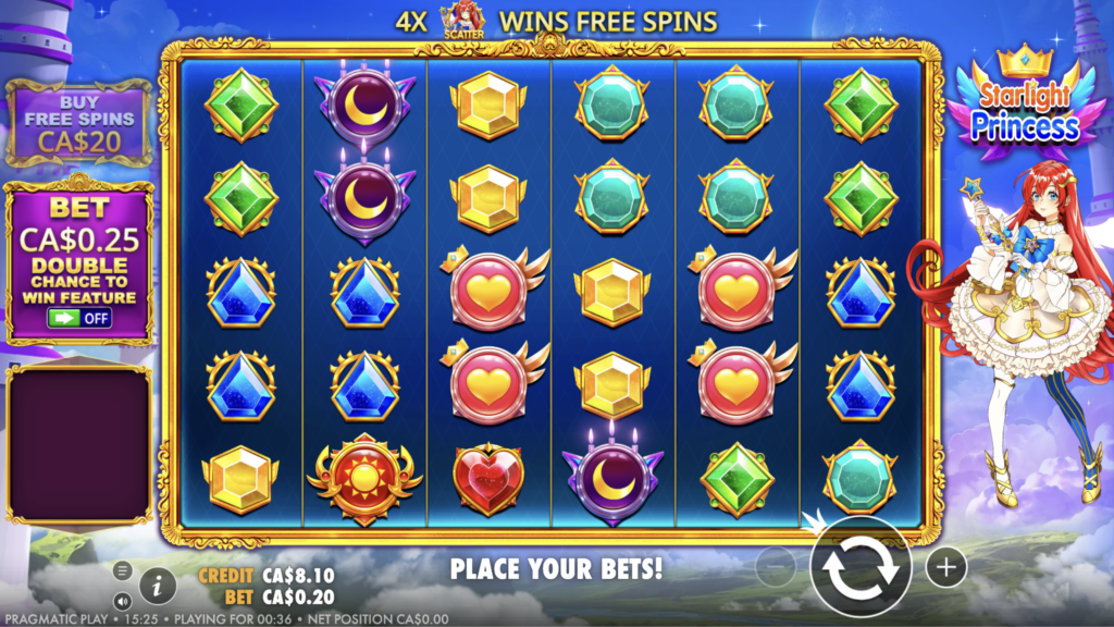 Starlight Princess slot base game showing a 6x5 grid of coloured gems, moons, winged hearts and a sun symbol, with the anime princess standing to the right of the reels.