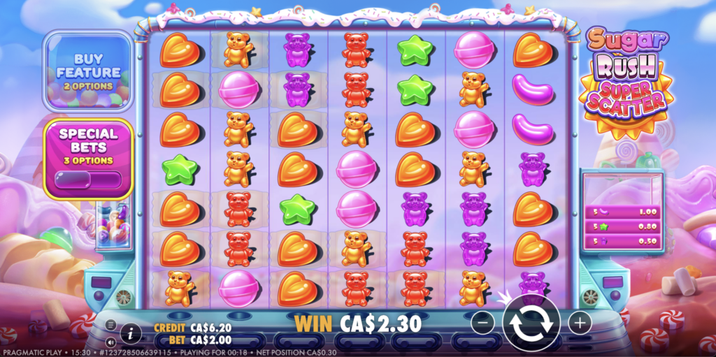 Sugar Rush Super Scatter slot base game showing a 7x7 grid of candies and gummy bears on a pink candy-land background, with Buy Feature and Special Bets buttons to the left of the reels.