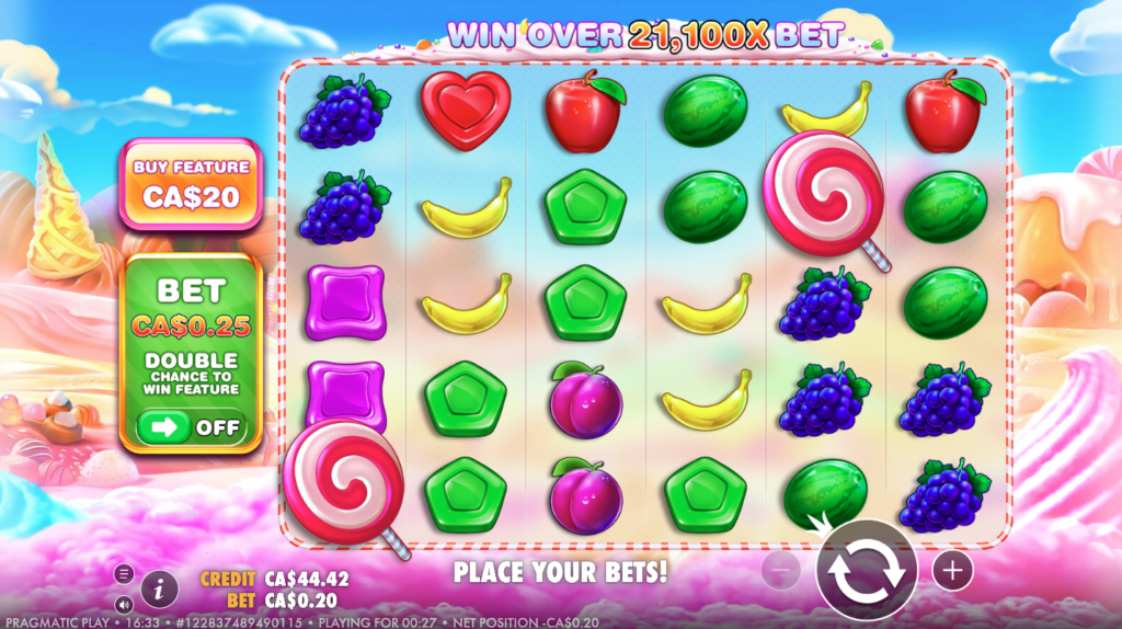 Sweet Bonanza. Grapes, melons, bananas, plums and a lollipop fill a six-by-five grid.