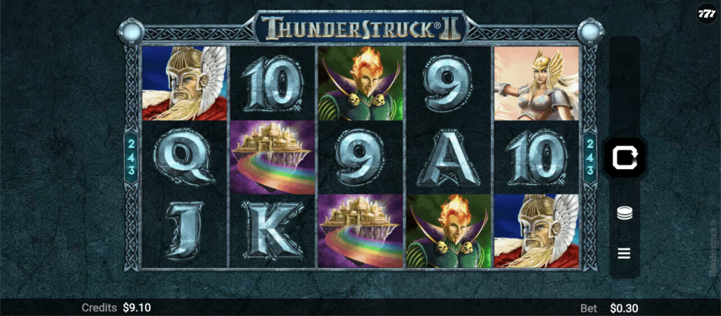Thunderstruck II reels. Valkyrie, Loki and rainbow bridge symbols mixed in with icy stone card royals.