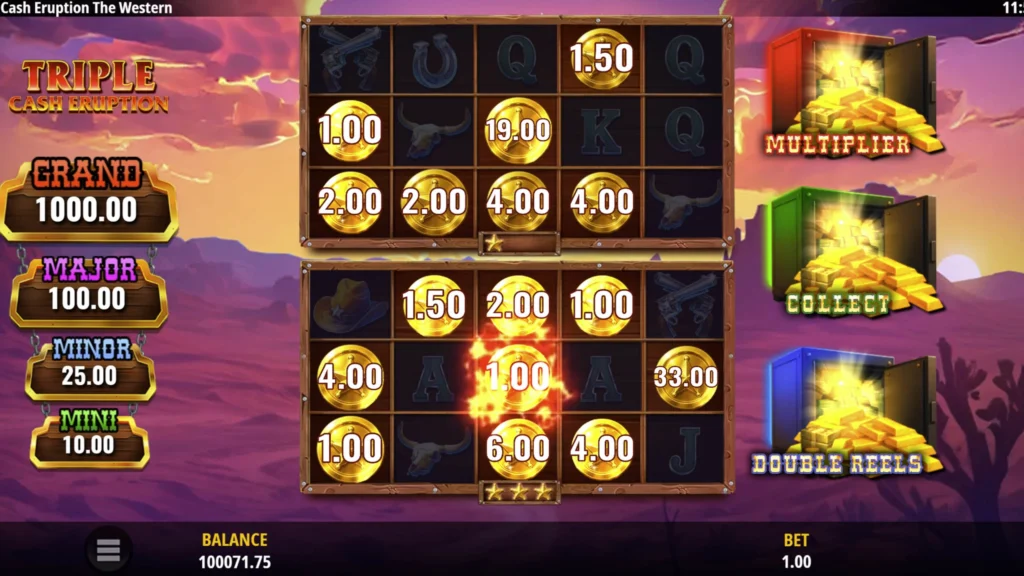 Triple Cash Eruption The Western slot screen: two mirrored reel grids of gold cash coins beside Multiplier, Collect and Double Reels safes at sunset.