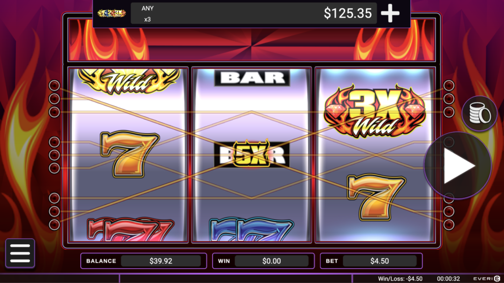 Triple Double Gems. Sevens, bars and wilds carrying 3x and 5x multipliers, crossed by payline markers.