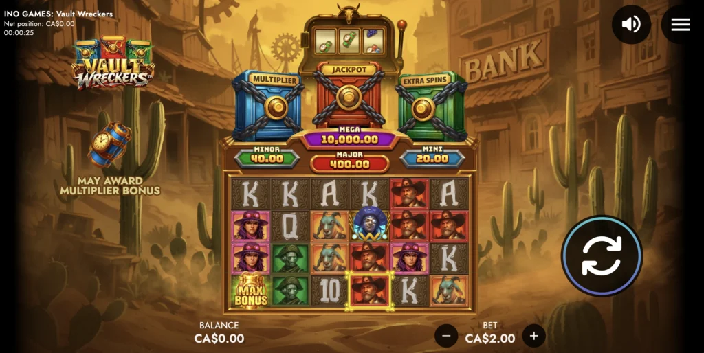 Vault Wreckers slot screen: a Western main street with Multiplier, Jackpot and Extra Spins vaults sitting above the reels.