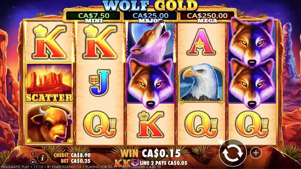 Wolf Gold reels. Wolves, a bald eagle, a bison and a canyon scatter mixed in with card royals, with the three jackpot values above.