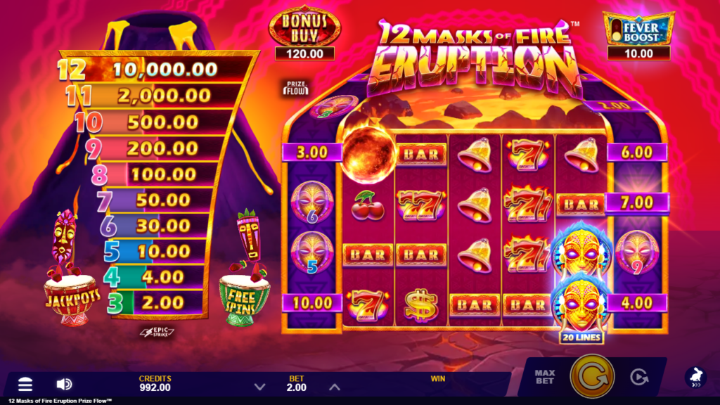 12 Masks of Fire Eruption Prize Flow slot with cash prize reels down both sides of the grid, a prize ladder on the left and a volcano in the background