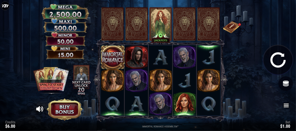 Immortal Romance Assembl'em slot with character portraits on a 5x3 grid, five feature cards above the reels and Mega, Maxi, Minor and Mini jackpots on the left, set in a dark gothic forest