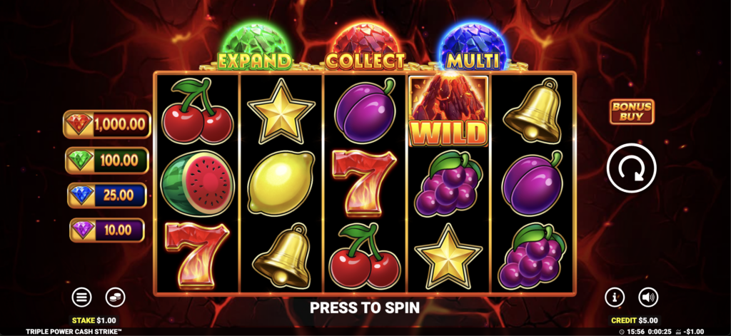 Triple Power Cash Strike slot with fruit, bell, star and 7 symbols on a 5x3 grid, green, red and blue pots labelled Expand, Collect and Multi above the reels, and jackpot values down the left side