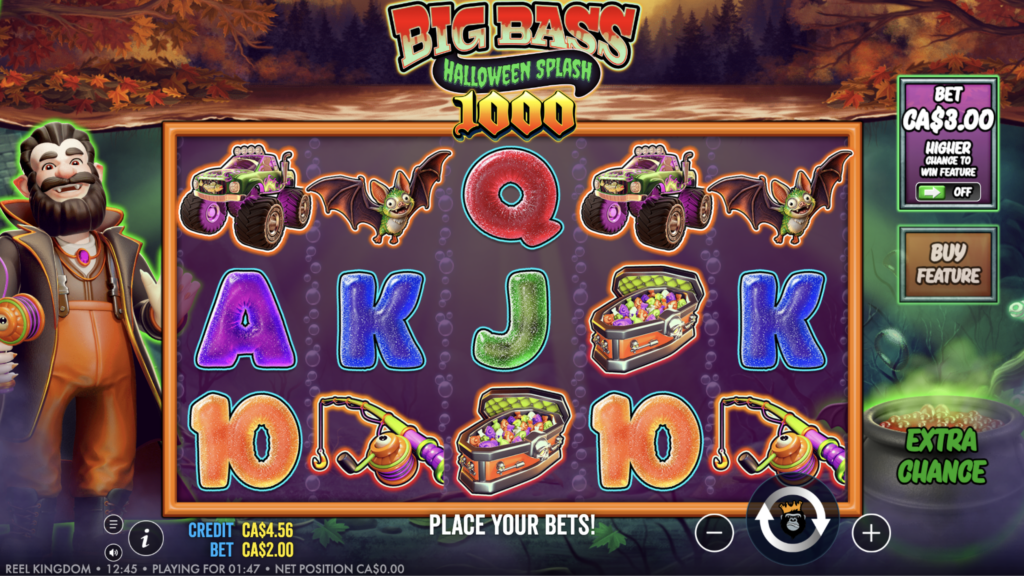 Big Bass Halloween Splash 1000 slot with the fisherman standing beside a 5x3 grid of card symbols, bats, monster trucks, fishing rods and coffins full of candy, with a bubbling cauldron on the right