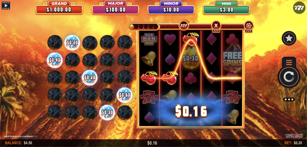 Eruption Blaze CASHINGO slot with 5x5 lava rocks and cash coins beside the reels, Grand, Major, Minor and Mini jackpots across the top, and an erupting volcano in the background.