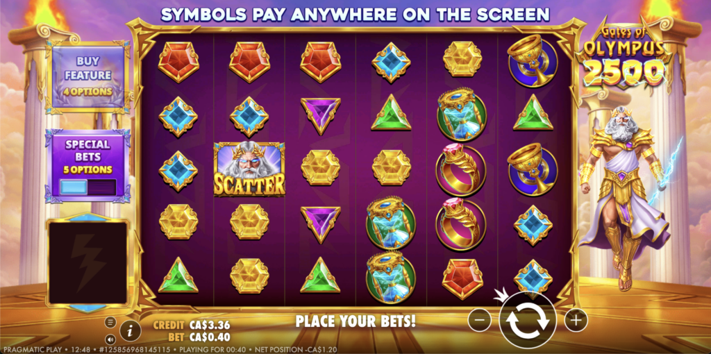 Gates of Olympus 2500 slot with a 6x5 grid of coloured gems and gold crowns, rings and goblets, a Zeus scatter on the reels and Zeus holding a lightning bolt beside the grid