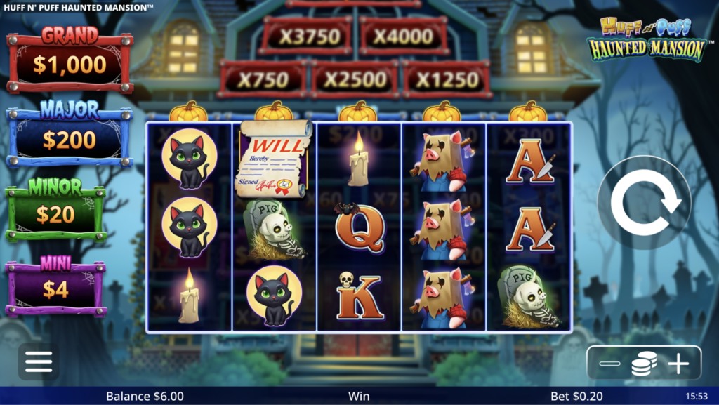 Huff N Puff Haunted Mansion slot with costumed pigs, black cats, candles and a will on a 5x3 grid in front of a haunted mansion, with Grand, Major, Minor and Mini jackpots on the left