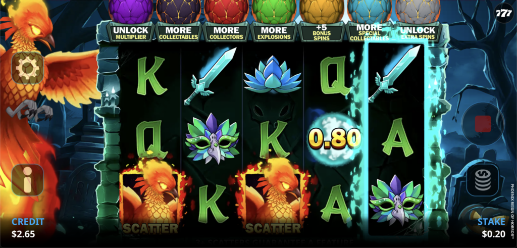 The casino slot game Phoenix Reign of Horror, with the reels still spinning. Three scatter symbols are needed to trigger the feature, and two are on the reels already.